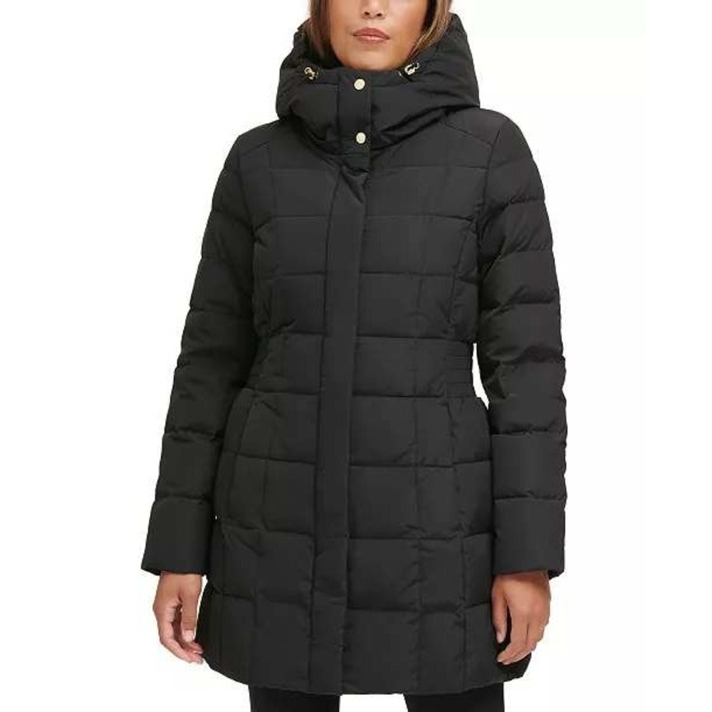 Cole Haan Womens Down Puffer Coat M Black Hooded Water Resistant Cinched Waist